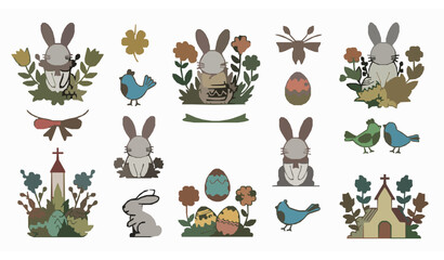 Obraz premium Easter illustrations – rabbits, eggs, flowers, and festive spring elements