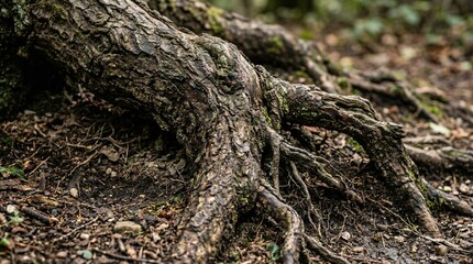 Fototapeta premium Close-up of ancient tree roots exposed on forest floor, natural texture and organic shapes