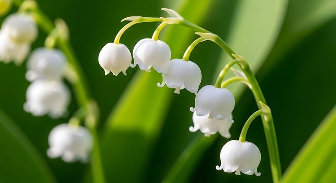 Delicate white lily of the valley flowers in soft natural light on green background