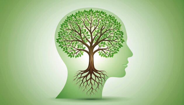 A green human head silhouette with a vibrant tree growing inside, symbolizing growth and mental well-being.
