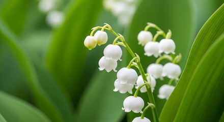 Obraz premium Close-up of fresh lily of the valley flowers in soft natural light