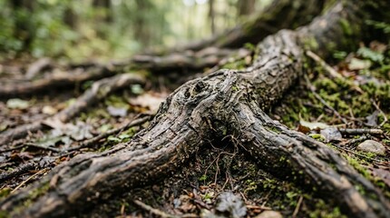 Obraz premium Close-up of gnarled tree roots spreading across forest floor, mossy ground