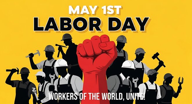May 1st Labor Day poster with diverse workers raising fists in solidarity on yellow background