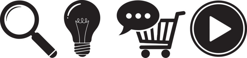 Magnifying glass light bulb chat bubbles shopping cart play button icons with magnifying discovery lightbulb inspiration creativity communication dialogue shopping ecommerce purchase © antor