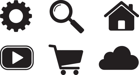 Gear magnifying glass house play button shopping cart cloud icons with settings configuration magnifying building property shopping ecommerce purchase illustration technology business © antor