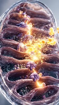 Mitochondria atp energy cell organelle biology metabolism respiration electron membrane 3D cross section inside cell showing atp production via electron transport, folded inner membrane, metabolism