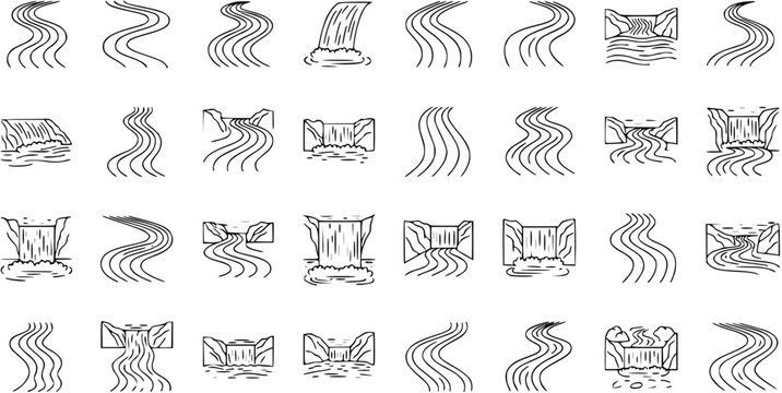 River and Waterfall Line Art Icons Set. Simple Black and White Illustrations of Flowing Streams, Curvy Paths, and Cascades for Nature and Landscape Designs.