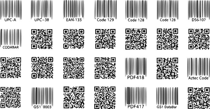 Collection of Various Barcode and QR Code Types (UPC, EAN, Code 128, PDF417, Aztec, etc.)