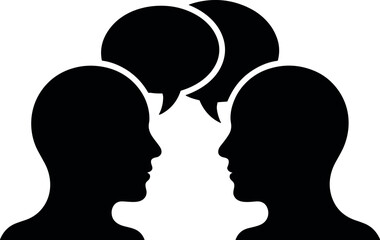 Fototapeta premium Two people talking with speech bubbles silhouette minimal black vector illustration for communication dialogue conversation and social interaction concept use