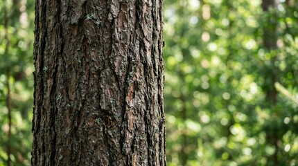 Fototapeta premium Close-up of a pine tree trunk with textured bark in a sunlit forest, blurred green background