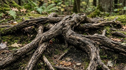 Obraz premium Gnarled Tree Roots Exposed on Mossy Forest Floor, Nature's Intricate Design