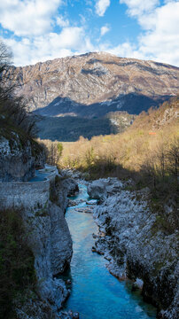 Beautiful turquoise mountain river. Soca (Isonzo) river, Julian Alps of Slovenia. Popular touristic destination.