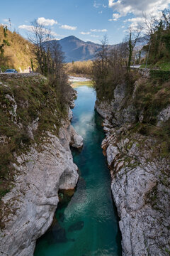 Beautiful turquoise mountain river. Soca (Isonzo) river, Julian Alps of Slovenia. Popular touristic destination.