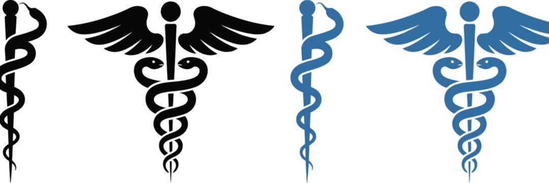 Caduceus and Rod of Asclepius medical symbols black blue vector illustration healthcare emblem design