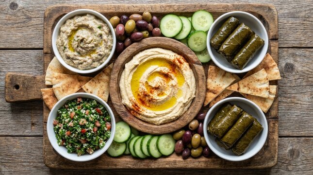 Mediterranean mezze platter with hummus, baba ganoush, tabbouleh, dolmas, pita bread, olives, and cucumbers on a rustic wooden board.