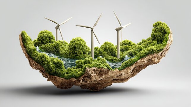 Model of nature with wind turbines and greenery.