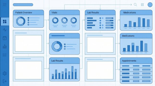 Medical dashboard UI illustration, healthcare data visualization, patient overview, lab results, and medication charts, modern blue user interface design for digital health applications.