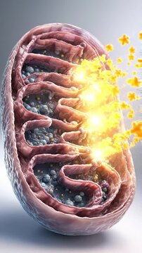 Mitochondria atp energy cellular respiration electron transport, cristae organelle within cell, cross section scientific illustration of inner membrane structure releasing glowing particles cytoplasm