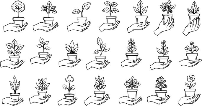 Line art collection of hands holding various potted plants, from small trees and leafy saplings to blooming flowers, symbolizing growth, care, nature, and gardening.