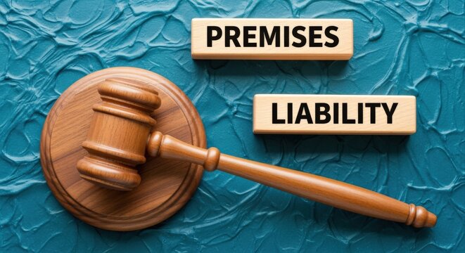 Wooden gavel and blocks spelling 'Premises Liability' on textured blue background, symbolizing legal judgment and responsibility
