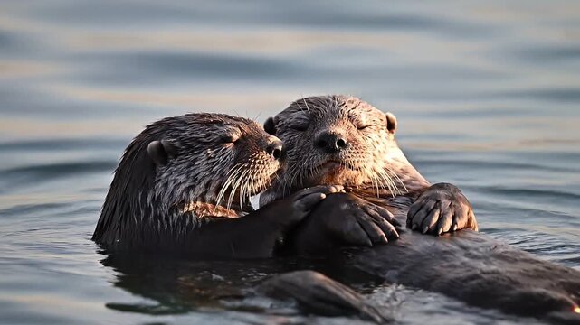 Two Sea Otters Cuddling and Grooming While Floating in Calm Ocean Water at Golden Hour Sunset Close Up
