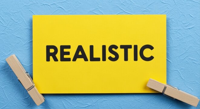 Yellow Card with the word REALISTIC written in black, held by clothespins on a blue textured background.