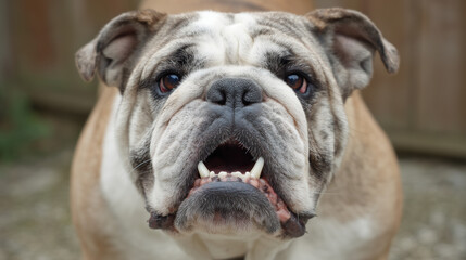 Fototapeta premium Close up portrait of a bulldog with wrinkled face and expressive eyes, domestic pet showcasing strength, loyalty and distinctive features in natural setting.