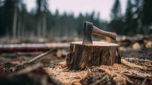 Axe embedded in a freshly cut tree stump in a deforested forest, symbolizing illegal logging, environmental destruction, and loss of natural habitat.