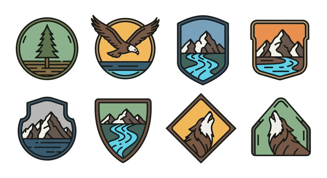 Illustrate a vintage inspired collection of outdoor nature wilderness emblems and patches featuring majestic wildlife and scenic landscapes
