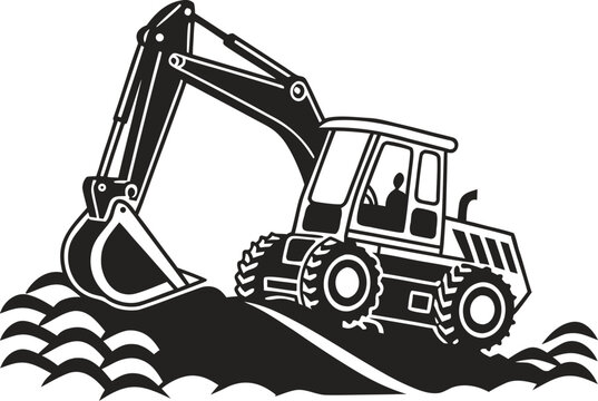 Backhoe Loader Machine Digging Deep Trench with Rear Excavator Arm Illustration