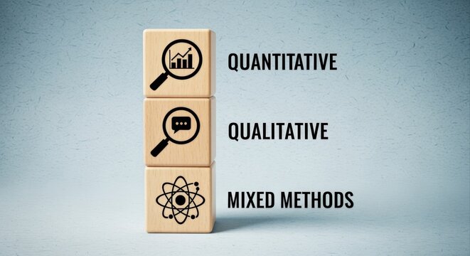 Wooden Blocks Illustrating Quantitative Qualitative and Mixed Methods Research Approaches with Icons on Blue Background