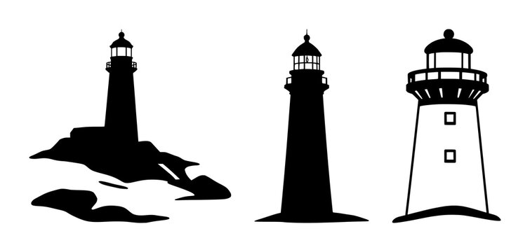 Lighthouse icon set with solid black icon on white background featuring lighthouse, navigation, maritime with outline and silhouette