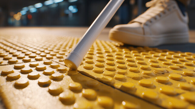White cane detecting tactile paving on sidewalk, concept of accessibility, guidance and independence for visually impaired people in urban environment.