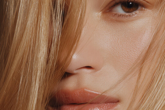 Beauty skincare branding &ndash; Close up of young woman face with blonde hair, natural makeup, glowing skin texture