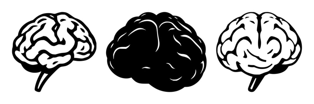 Brain learning icon set with solid black design on white background featuring brain, education, knowledge with memory and growth