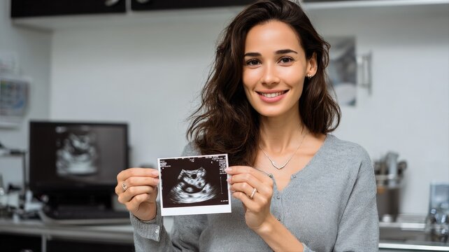 Smiling woman proudly holding up a sonogram image of her baby during pregnancy checkup