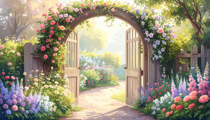 Fototapeta premium Circular arbor gateway leading into a radiant blossom sanctuary. Lush floral portal surrounding open doors beside colorful borders. Dreamy garden entrance perfect for invitation, banner, branding