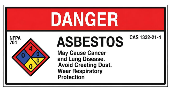asbestos danger hazard warning sign with nfpa 704 diamond cautioning about cancer and lung disease risks.