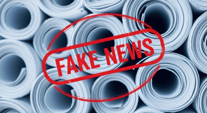 Red Stamp of Fake News Stamped on Rolled Paper Rolls, Symbolizing Misinformation