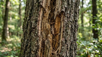 Fototapeta premium Damaged Tree Trunk with Deep Gash in Forest - Close-up