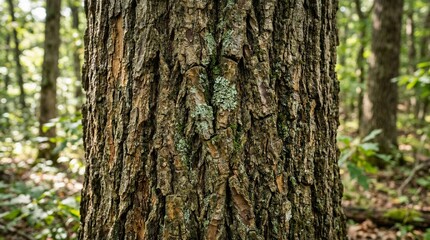 Obraz premium Close-up of rough tree bark texture in a sunlit forest with green moss