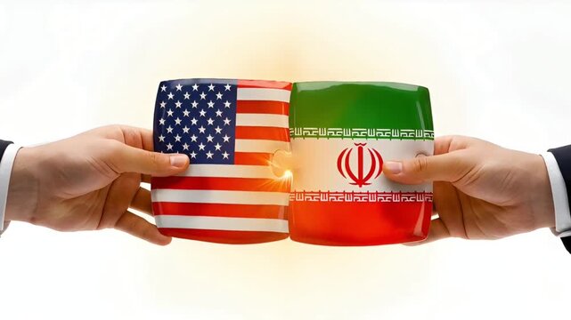 two hands connecting two puzzle pieces with flags of usa and iran with bright light flash in center representing diplomatic solution