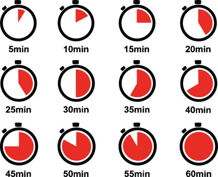 Minimalist stopwatch timer icon set, 12 red countdown clock symbols, flat vector chronometer collection for time management and productivity