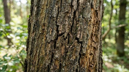 Fototapeta premium Close-up of rough, textured tree bark in a forest with blurred green foliage background