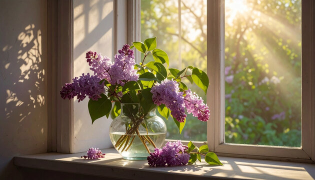 Flowers seen through a -gobo- shadow of a window frame
