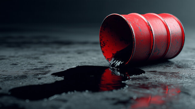 Red oil barrel tipped over spilling black oil onto grey surface, symbolizing pollution, industrial accident, environmental damage, and hazardous contamination.