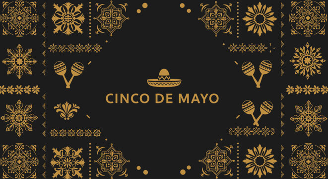 Elegant Cinco de Mayo Luxury Background with Golden Mexican Ornaments and Maracas