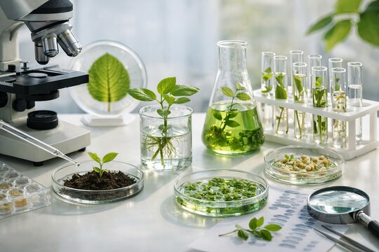 Scientific Research Environment. Modern Laboratory Displaying Plant And Glassware Tools. Advanced Scientific Workspace Showcasing Plant Specimens With Precise Instruments