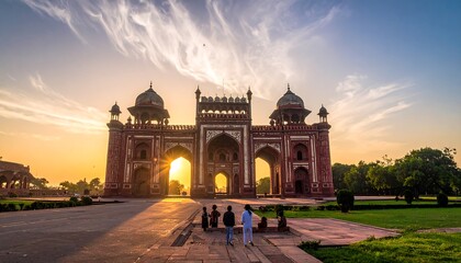 Fototapeta premium Ornate, historic archway silhouetted at sunrise. People are visible