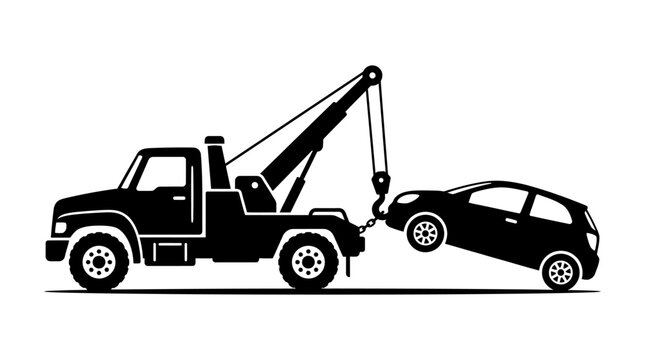 A minimalist black silhouette illustration of a tow truck pulling a car.